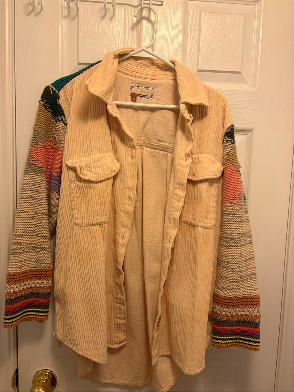 Pilcro Cream Corduroy Shacket with Multicolor Knit Sleeves